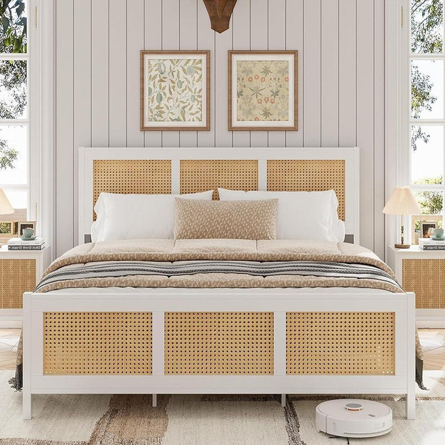 GarveeHome Queen Bed Frame with Headboard, Boho Rattan Bed Frame with Strong Metal Slat, Noise Free, No Box Spring Needed, White and Natural