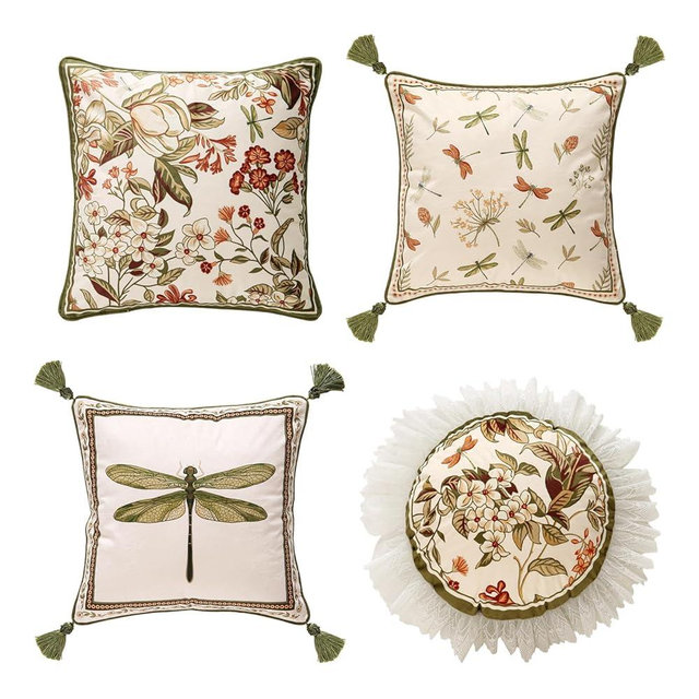 ISAENNE Design Vintage Cottage Lumbar Square Round Throw Pillow Covers Set of 4, Green Soft Velvet Cushion Cover with White Red Wild Floral Pattern Decor Pillowcases for Bed,Living Room,Outdoor,Car