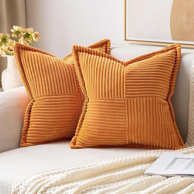 MIULEE Burnt Orange Pillow Covers 18x18 Inch with Splicing Set of 2 Super Soft Boho Striped Corduroy Pillow Covers Broadside Decorative Textured Throw Pillows for Fall Couch Cushion Livingroom
