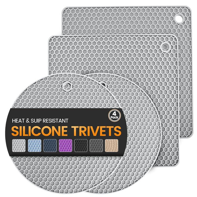 Silicone Trivet Mats 4 Heat Resistant Pot Holders Multipurpose Non-Slip Hot Pads for Kitchen Potholders, Drying mat, Jar Opener, Spoon Holder, Coaster(Nordic Grey)