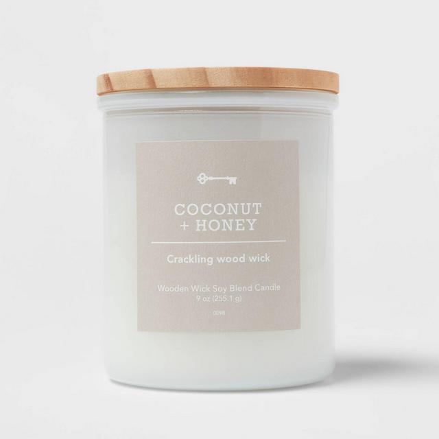 9oz Milky White Glass Woodwick Candle with Wood Lid and Stamped Logo Coconut and Honey - Threshold™