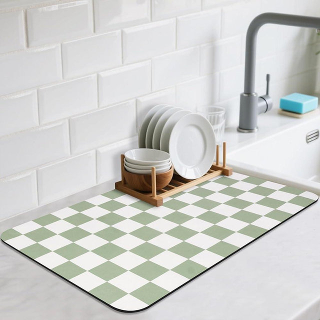 CooRug Checkered Dish Drying Mat for Kitchen Counter, Absorbent Non-Slip Coffee Mat, Heat Resistant Mat for Countertops Coffee Bar Decor 16" x 24" Green