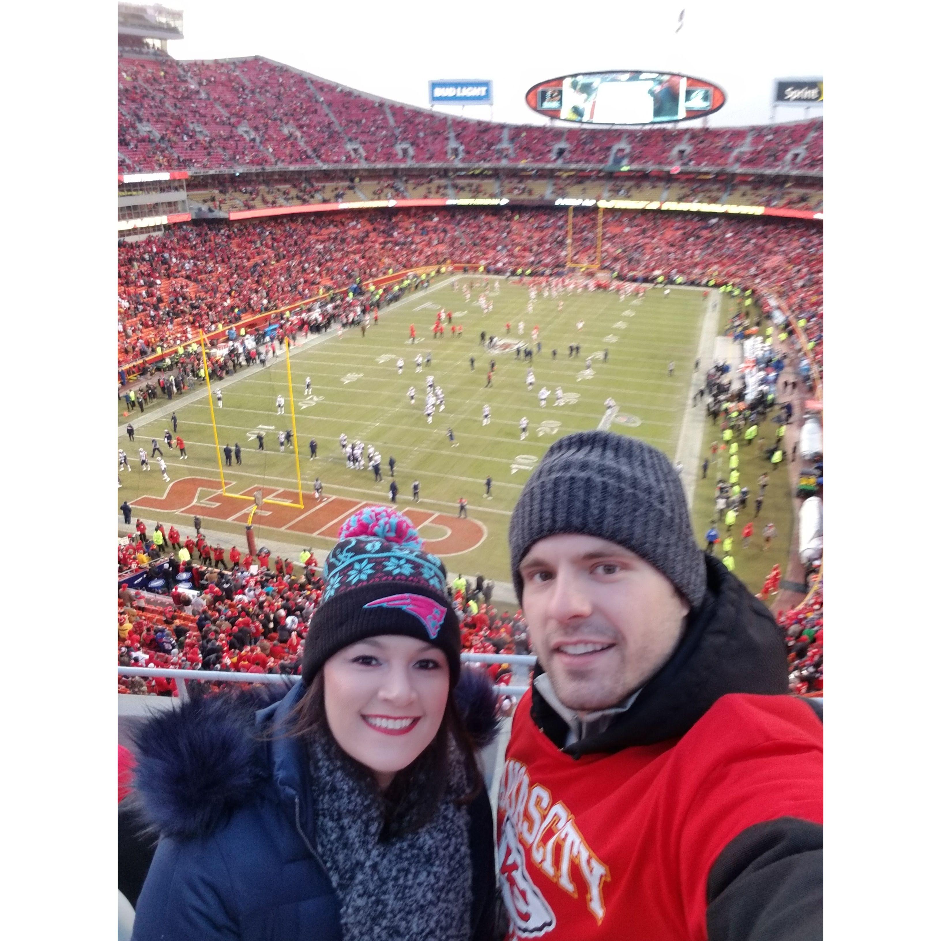 AFC championship game in 2019 were the Patriots won against the Chiefs (Patriots btw won the Superbowl that year) first and only football game Iv'e been to and it was so worth it!