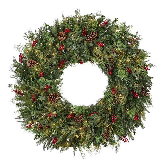 Balsam Hill Winter Evergreen Wreath, 30", LED Clear Battery Operated, Set of 2