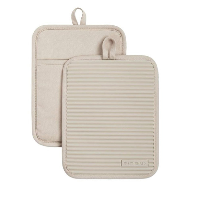 KitchenAid Ribbed Soft Silicone Pot Holder 2-Pack Set, Milkshake Tan, 7"x9"