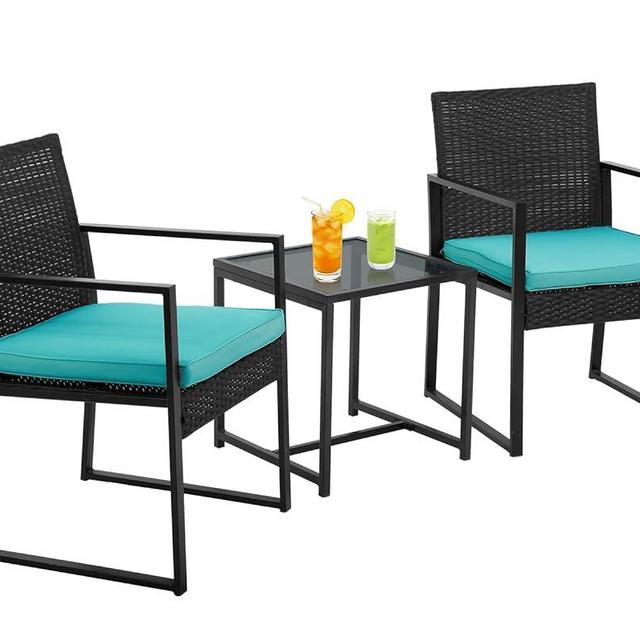 PayLessHere 3-Piece Rattan Wicker Bistro Set Outdoor Conversation Set Sturdy Frame Wicker Furniture with 2 Chairs Cushions Tempered Glass Table for Poolside Balcony Patio Bar Garden (Blue)