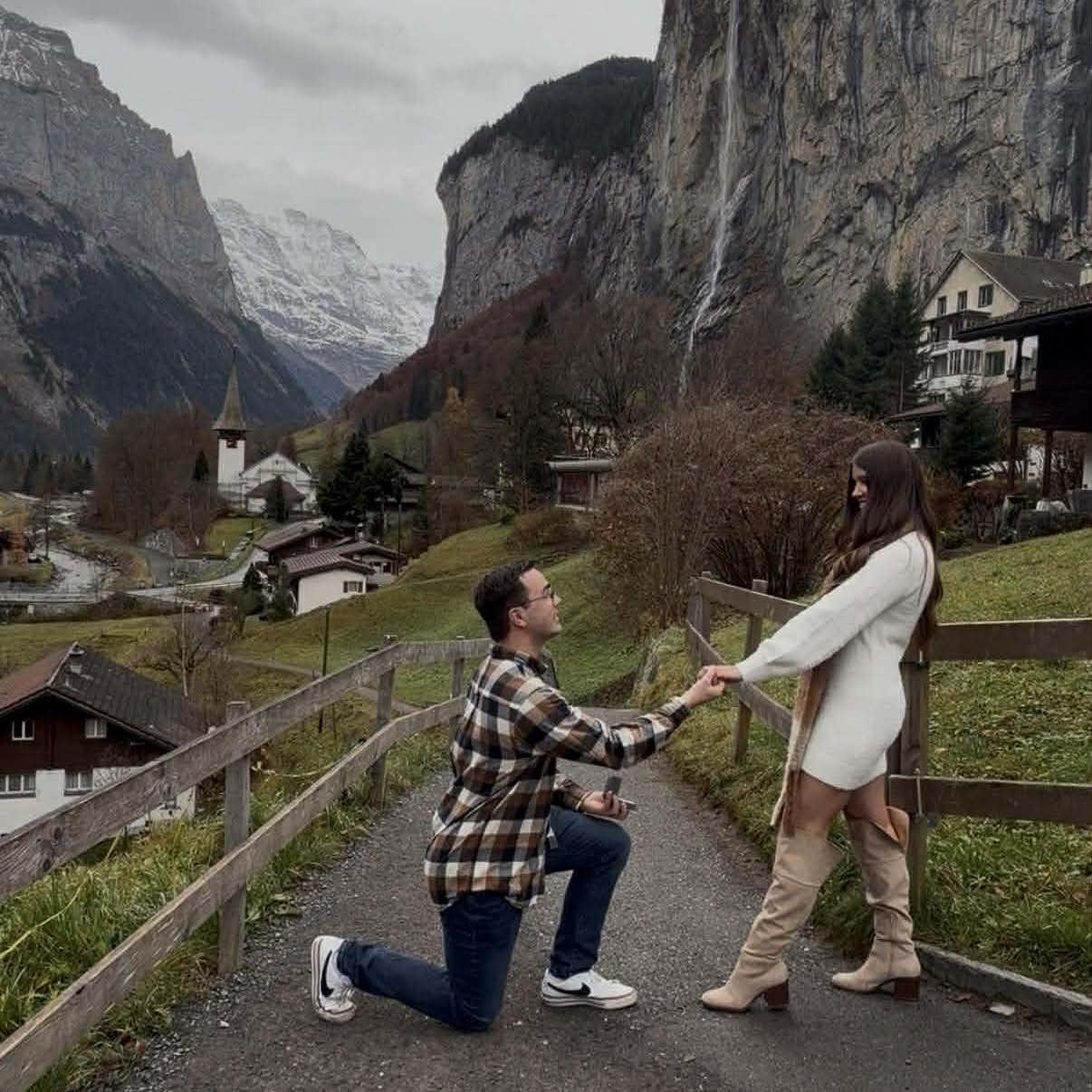 November 16, 2025: Engaged! Matt proposes in Lauterbrunnen, Switzerland in the Swiss Alps at the end of his work trip, just two days before their official 4th Anniversary together!