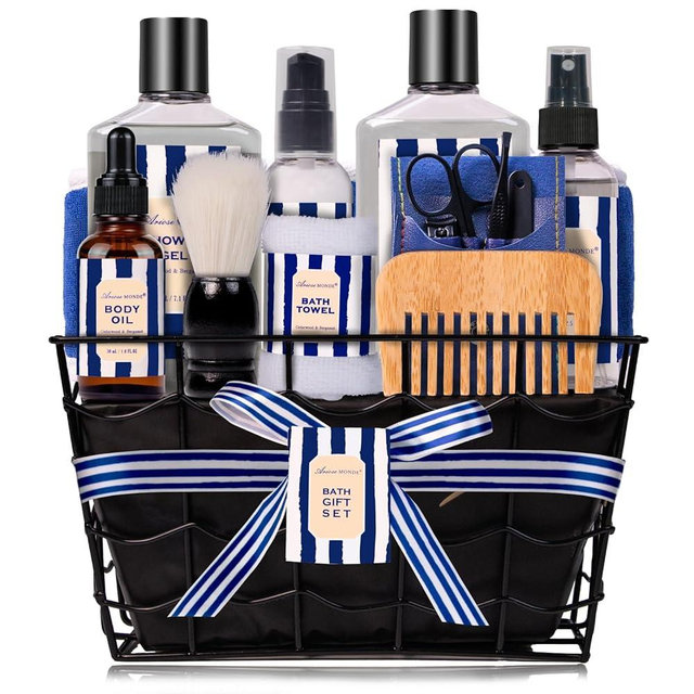 Valentines Day Gifts for Men, Bath and Body Gift Sets for Men with 10 Pcs Cedar & Bergamot Spa Gifts for Men, Bath Sets Includes Shower Gel, Bubble Bath, Body Mist. Perfect Father's Day Gifts for Men