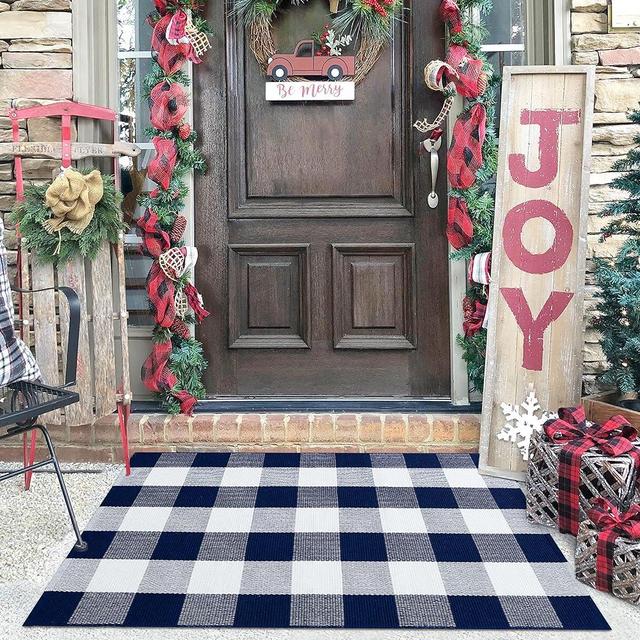 KILOCOCO Buffalo Plaid Checkered Rug - 27.5x43 Inches Front Door Mat Outdoor,Blue and White Outdoor Rug, Cotton Washable Front Porch Rug Layered Doormats for Front Porch/Farmhouse/Entryway