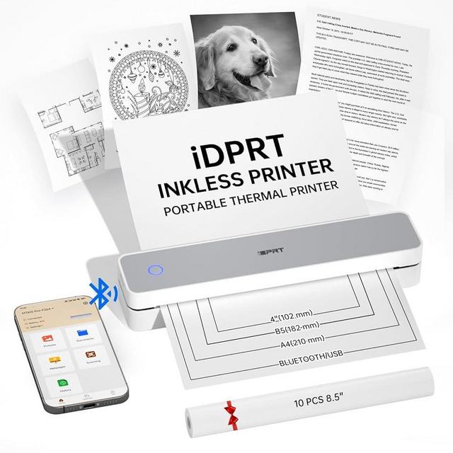 iDPRT Portable Thermal Printers Small Compact Inkless Wireless Printer for Home, Office & Vehicles, 300DPI, Support 8.5" x 11" Length US Letter A4&A5 Size, for Smartphone, PC, Black White Printing
