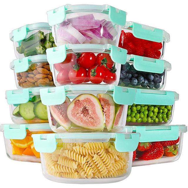 Bayco 24 Piece Glass Food Storage Containers with Lids, Glass Meal Prep Containers, Airtight Glass Lunch Bento Boxes, BPA Free & Leak Proof (12 lids & 12 Containers) - Blue