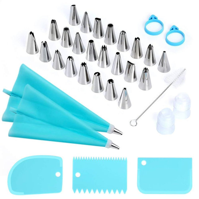 34-Piece Cake Decorating Kit – Piping Bags and Tips Set with 24 Stainless Steel Tips, 2 Reusable Silicone Piping Bags, 3 Smoothers, 2 Couplers, 2 Bag Ties, and 1 Brush for Baking & Cake Decorating