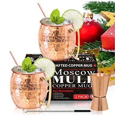 Moscow Mule Copper Mugs - Set of 2-100% HANDCRAFTED - Food Safe Pure Solid Copper Mugs - 16 oz Gift Set with BONUS: Highest Quality Cocktail Copper Straws, Straw Cleaning Brush and Jigger!