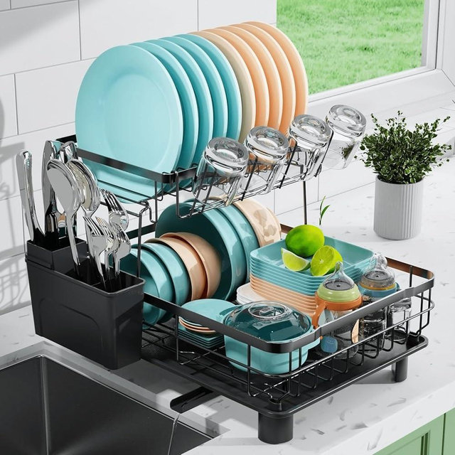 Sansixzero Dish Drying Rack with Self Draining Drainboard, Removable Flatware Caddy, Cup Holder, 2 Tier Large Dish Drainer Rack for Kitchen Counter, Rustproof, Space Saving, Black