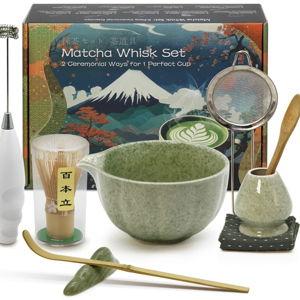 Matcha Whisk Set Incl. Ceramic Bowl With Spout, Whisk (Chasen), Stand, Bamboo Scoop, Sifter, Electric Frother, Tea Towel etc. 9 Pcs Matcha Making Starter Kit, Mottled Green