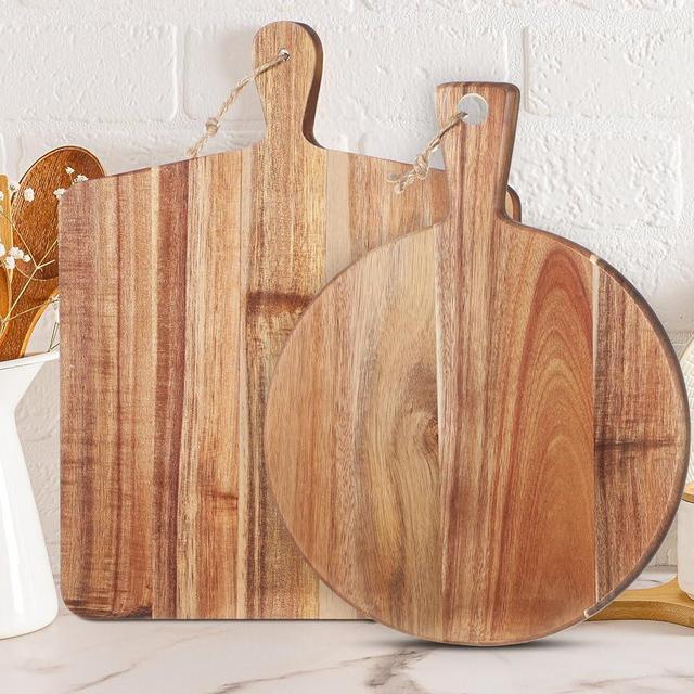 Hsei 2 Pcs Acacia Wood Cutting Board with Handle Wooden Charcuterie Board Large Paddle Carving Chopping Set Butter Serving Tray for Cheese Meat Fruit Pizza Bread(Vintage Style, 16x12, 17x13 Inch)