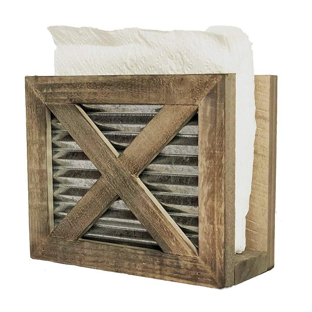Autumn Alley Barn Door Rustic Napkin Holder | Warm Brown Wood and Galvanized Corrugated Metal Add Farmhouse Charm to your Table Top (Galvanized)