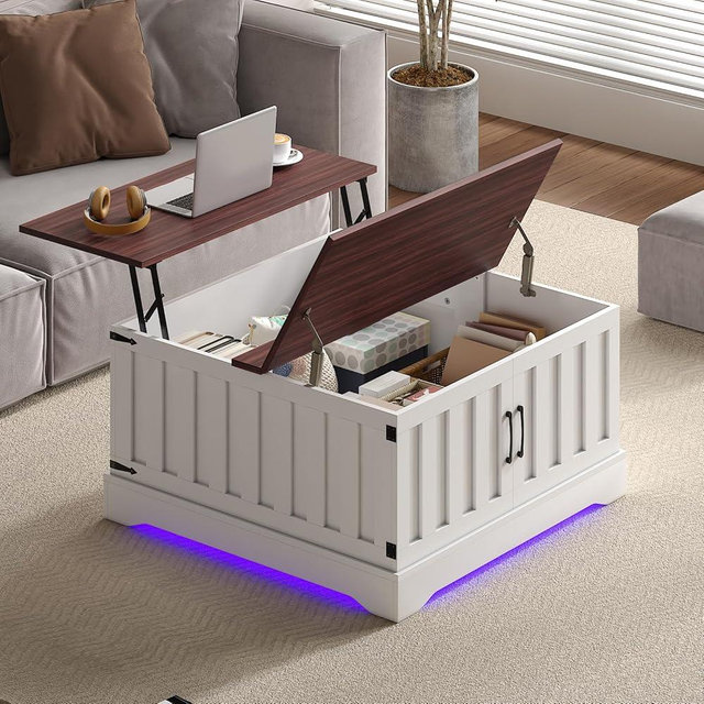 HedoAjim 31.5" Lift Top Coffee Table with Storage, Led Square White Coffee Table with Large Hidden Storage, Wood Living Room Table Center Table for Living Room Dining Reception Room