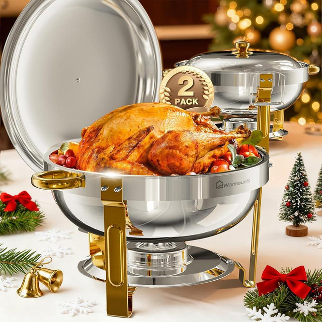 WARMOUNTS Round Chafing Dishes for Buffet 2 Pack, 5QT Gold Stainless Steel Chafers and Buffet Warmers Sets with Lid Holder, Rolled Rim Process, Stackable Design, for Catering, Parties, Weddings