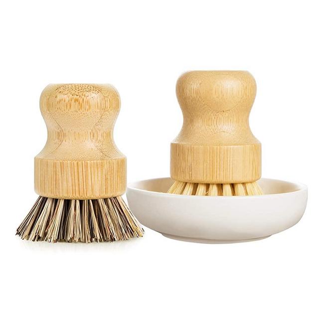 GREENTH PRO Palm Pot Dish Brush- Eco Friendly Bamboo 2 Packs Mini Durable Scrub for Kitchen Cleaning with Ceramics Holder