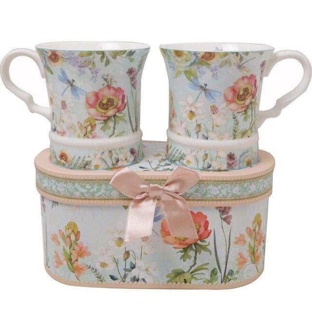 Lightahead Elegent Bone China Unique Set Of Two Coffee Tea Mugs 10 oz each cup set in attractive gift box elegant floral design