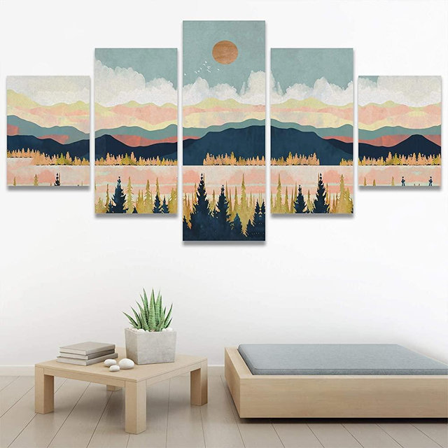 SIGNWIN Large Wall Decor Canvas Wall Art Print Sun Over Pastel Mountain Lake and Forest Nature Wilderness Illustrations Minimalism Rustic Landscape Colorful for Living Room, Bedroom, Office - 60"x32"