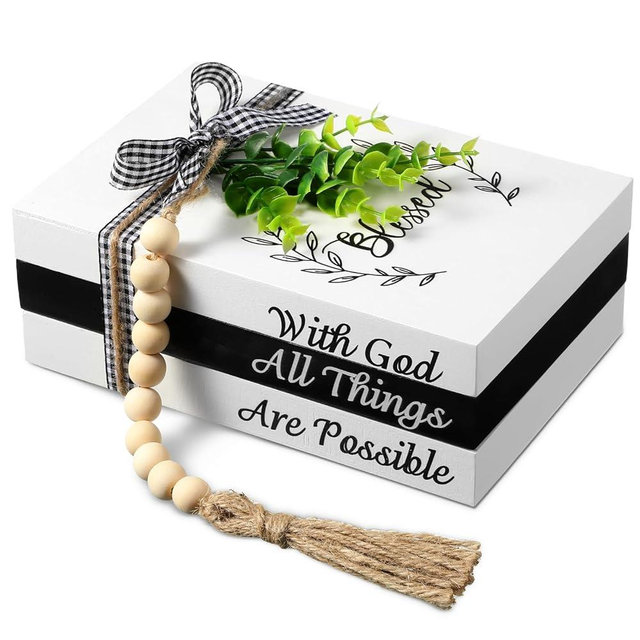 Capoda 3 Pcs Decorative Books for Home Decor Thankful Grateful Blessed Farmhouse Faux Stacked Books Wooden Rustic Decorative Books with Bead Garland Twine Ribbon Faux Leaf for Table (Blessed)
