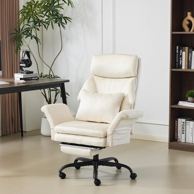 VINGLI 100-130° Reclining Tall Office Chair with Foot Rest & Adjustable Armrests, Ergonomic Criss Cross Chair with Wheels & Headrest, Comfy Wide-Seat Gamer Chair for The Heavy, Microfiber, White