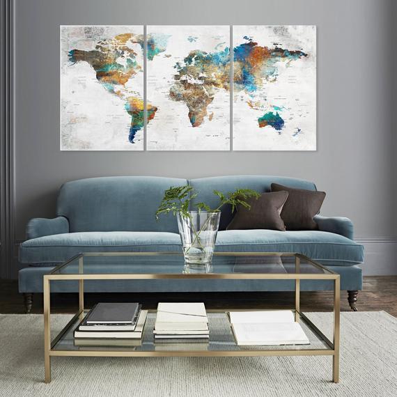 World Map Wall Art, Large Canvas, Adventure Push Pin Travel Map, Soft Color Decoration Object, Home, Office, Living Room Decor