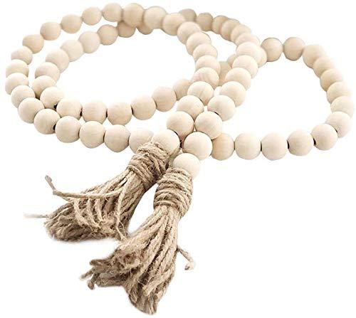 LSKYTOP 70inch Wood Bead Garland Farmhouse Beads Rustic Prayer Beads Boho Beads with Tassels Walling Hanging Garland for Rustic Country Decor