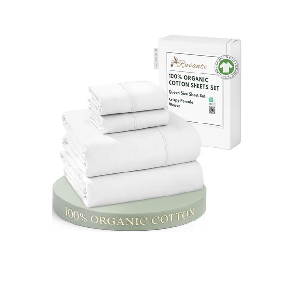 Bright White - RUVANTI 100% Organic Cotton Sheets Queen Size, Percale Weave, GOTS Certified, 4-Piece Set, Deep Pocket 15", Crisp & Breathable, Soft Durable Bedding, Sábanas Algodón Orgánico
