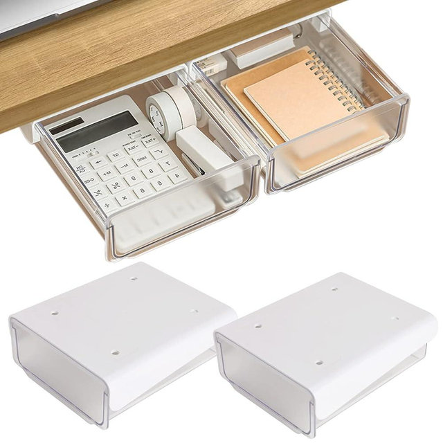 OSPNIEEK Self-adhesive Under Desk Drawer Organizer, 2 Pack Table Hidden Slide Out Large Storage Mounted Desktop Pencil Holder Tray Drawers for Office Home School Stationery Kitchen (White)