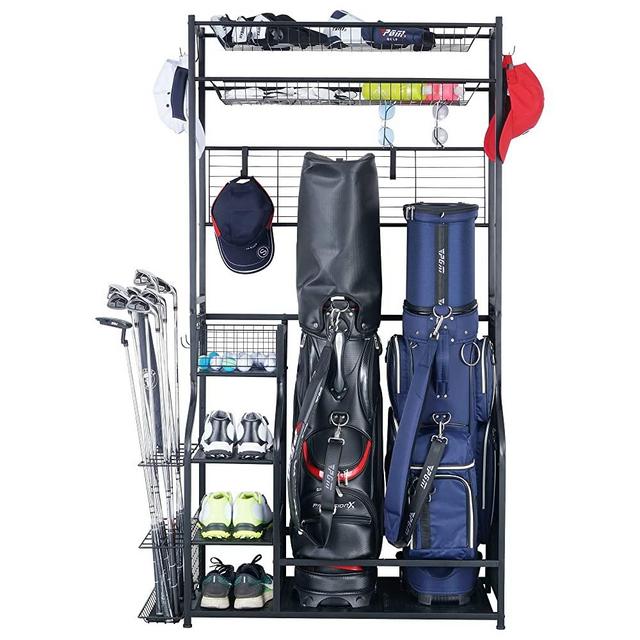 Mythinglogic Golf Bag Storage Garage Organizer,2 Golf Bags Storage Stand and Golfing Equipment Accessories Storage Rack with 4 Removable Hooks, Extra Golf Clubs Display Rack