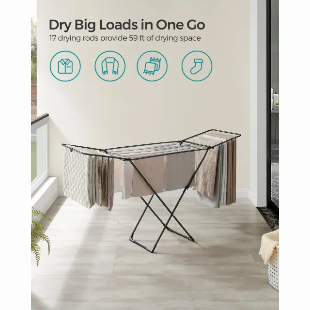 Foldable Metal Drying Rack with 2 Gull Wings, 59 ft Drying Space Indoor Outdoor Laundry Airer, Black