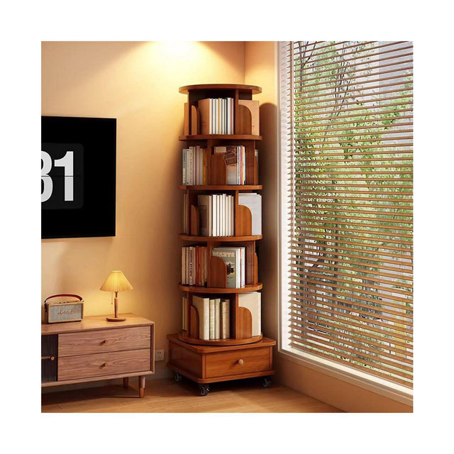 Streamdale Furniture Rotating Bookshelf 360 Corner Bookcase with Wheels, Walnut Brown