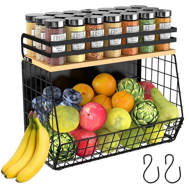 Heavy Duty Magnetic Shelf for Fridge with Wood Lid, Fruit Potato & Onion Storage Bins, Magnetic Spice Rack for Refrigerator, Pantry Organizer, Large Container for Refrigerator, Kitchen Counter