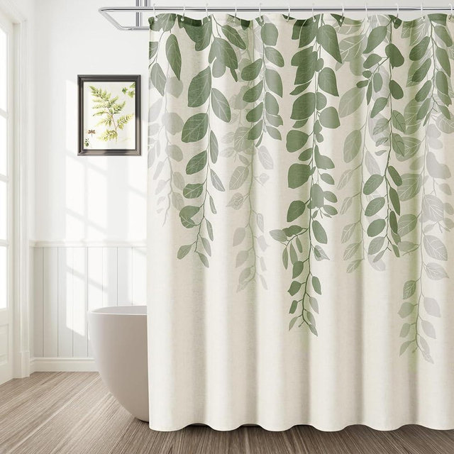 BOODII Sage Green Eucalyptus Leaves Shower Curtain Set with Hooks Linen Shower Curtain for Bathroom Watercolor Floral Plant Leaf for Bath Waterproof Fabric Bathroom Decor, 72x72