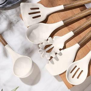 Silicone Cooking Utensil Set,Umite Chef 8-Piece Kitchen Utensils Set with Natural Acacia Wooden Handles, Silicone Kitchen Gadgets and Spatula Set for Nonstick Cookware - Khaki