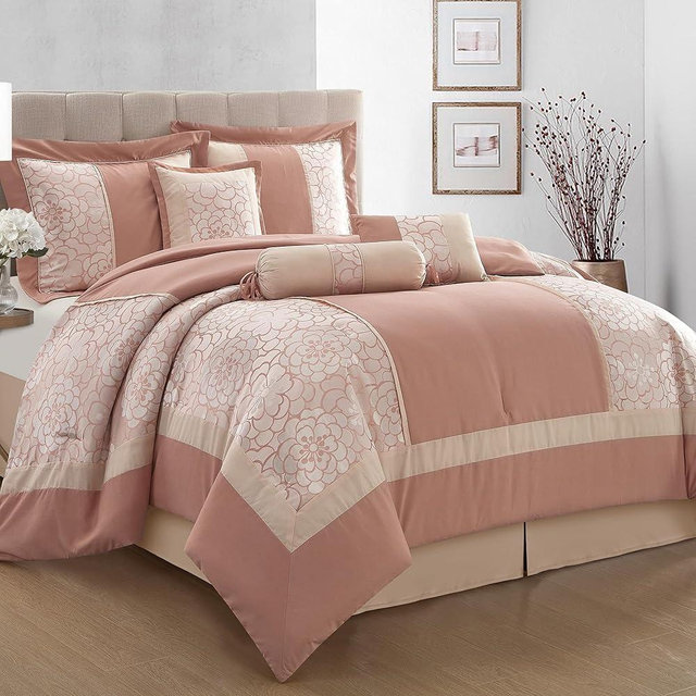 LANCO MODERN LIFESTYLE 7 Piece King Size Comforter Set, Blush, Elegant Floral Jacquard, Stylish and Cozy Bedding Collection, Premium Bedding Set with Bedskirt, Shams and Pillows
