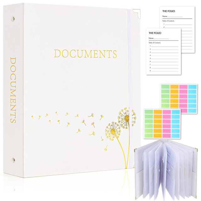 XKDOUS Important Document Organizer, Folio Folders with 9 Pockets, 3-Ring Binder Gold-Foiled Hardcover File Storage Organization Expanding File for 8.5x11 Papers, A4 Documents