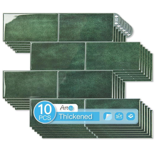 Art3d 10-Pack Heavy-Duty Peel and Stick Backsplash, 12.6 x 10.6 Inch Stick on Wall Tiles for Kitchen Bathroom Countertop Decor, Dark Green