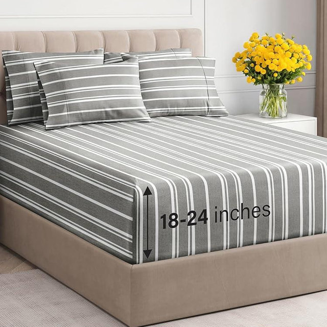 Extra Deep Full Sheet Set - 6 Piece Breathable & Cooling Sheets - Hotel Luxury Bedding Set w/18-24 Inch Extra Deep Pockets - Easy & Secure Fit - Soft, Wrinkle Free and Comfy - Grey Stripes, Full Size