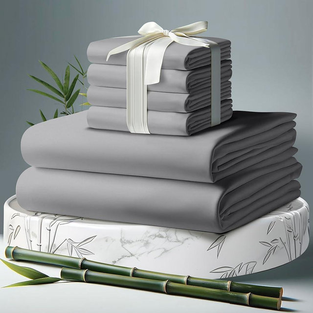 DECOLURE 100% Organic Viscose Derived from Bamboo Sheets Queen Size 6pcs - Ultra Soft & Luxuriously Cooling, 17" Deep Pocket, Double Stitching, Perfect for Hot Sleepers - Queen Bed Sheets (Midgrey)