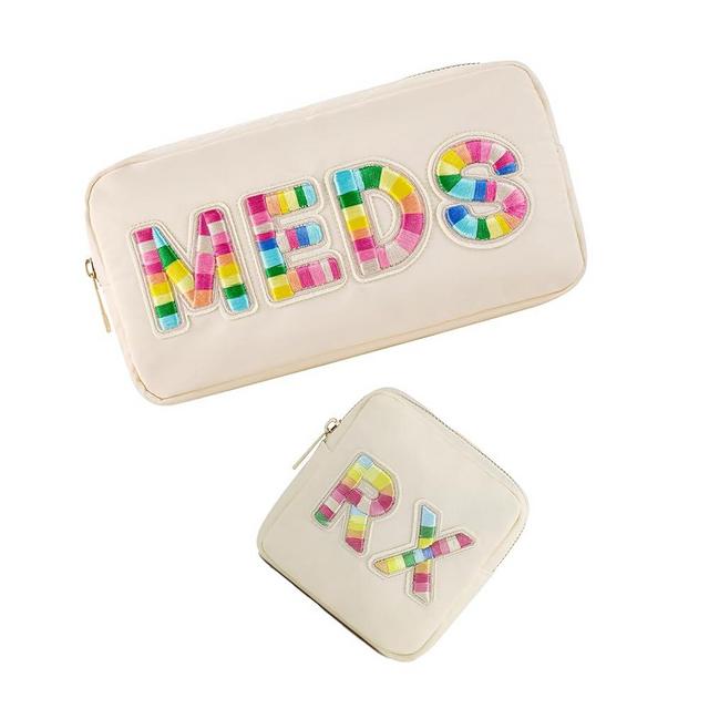 uekeboag 2Pcs Personalized Nylon Rx MEDS Cosmetic Bag, Cute Chenille Letter Patch Medicine Drug Pouch with Zipper,Preppy Makeup Travel Vitamin Bag for Women and Girls (RX+MEDS)