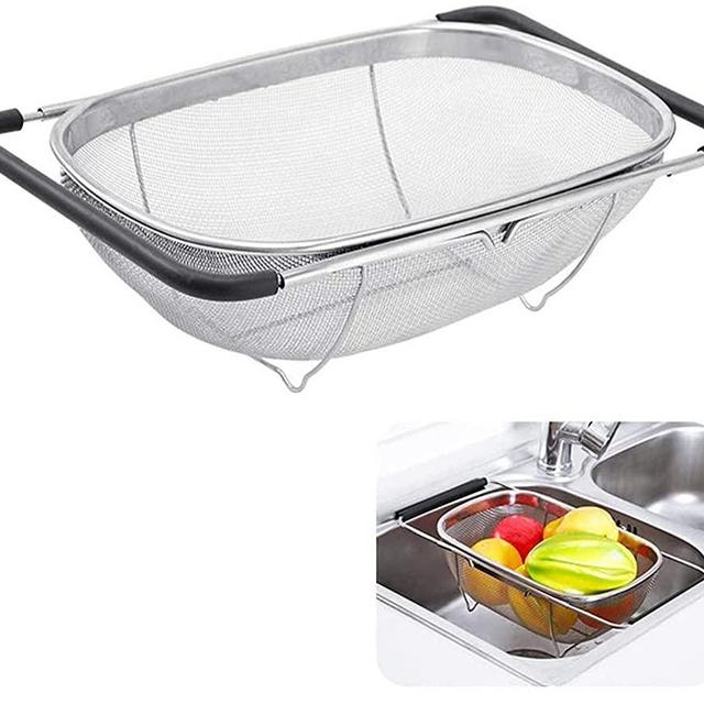 AJIODA Over The Sink Colander, 4 Quart Stainless Steel Oval Colander with Expandable Rubber Grip Handles, Fine Mesh Strainer Baskets Kitchen Colander for Strain, Drain, Rinse Vegetables, Fruits