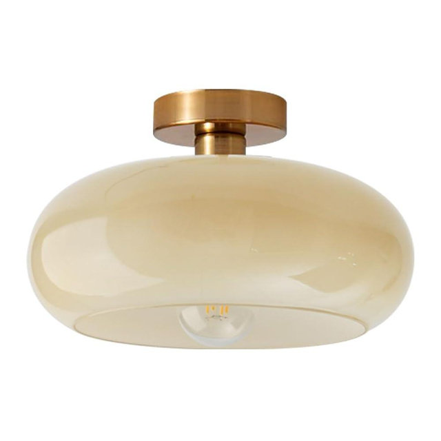 Qufute Brass Flush Mount Ceiling Light Mid Century Modern Ceiling Light fixtures Brushed Gold Milk Yellow Glass Semi Flush Mount Ceiling Light Farmhouse Hallway Dining Room Ceiling Lamp