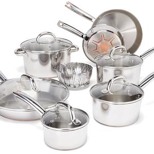 T-fal Cookware Set, Pots and Pans Set, 13 Piece, Stainless Steel with Copper Bottom, Silver