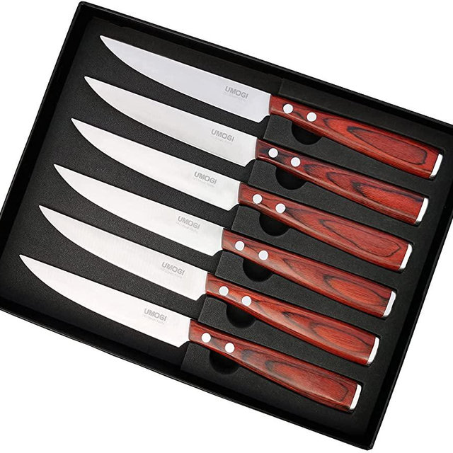 Premium Steak Knives Set of 6 in Gift Box - Polished Wood Handle - HC German Stainless Steel, Straight Edge Non Serrated - 4.5''Dinner Knife, Kitchen Tableware Knives Cutlery Set UMOGI