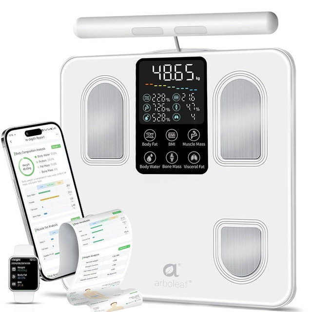 Arboleaf Scale for Body Weight, Smart Scale with BMI, Body Fat, Muscle Mass, 26 Metrics Full Body Composition Analyzer, 8-Electrode High Precision Digital Bathroom Scale, Bluetooth Sync, White