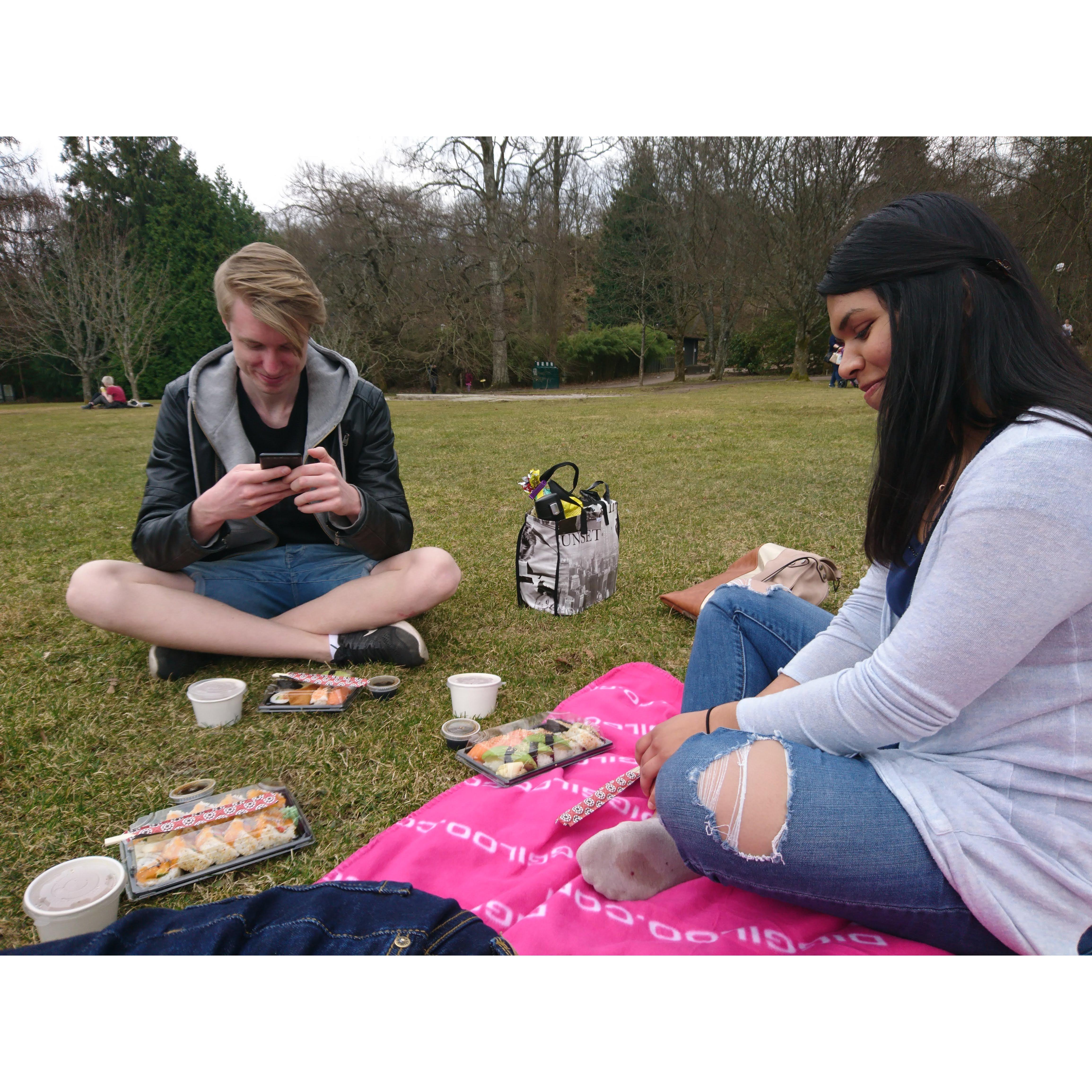 Spring 2018. Jess and Johan join Johan's brother, Emil, for a sushi picnic in Gothenburg, Sweden.